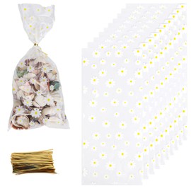 Lasuroa 100pcs Daisy Cellophane Bags, Transparent Floral Gift Bags with Gold Twist Ties Flower Gifts Wrap for Wedding Spring Summer Party Birthday Baby Shower