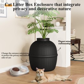 Hidden Litter Box with Faux Plant, Large Cat Litter Box with Rattan Pattern, Heavy Duty PP Material Litter Box Enclosure Furniture for Home Decor, Black
