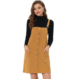 Allegra K Women's Corduroy Dress Adjustable Straps Button Down Pinafore Overall Dress with Pockets Medium Mustard