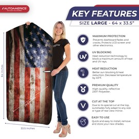 Autoamerics 1-Piece Windshield Sun Shade Grunge American Flag - 2 USA Design - Foldable Car Front Window Sunshade for Most Sedans SUV Truck - Blocks Max UV Rays and Keeps Your Vehicle Cool - Large