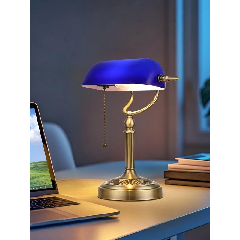 Newrays Blue Glass Bankers Desk Lamp, Stepless Dimmable Table Lamp
