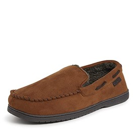Dearfoams Men's Keaton Memory Foam Moccasin with Wide Widths Slipper, Chestnut Microsuede, 8/9 UK