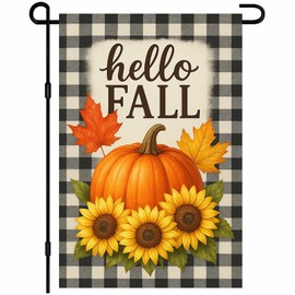 BlissYard Fall Garden Flag 12x18 Inch Hello Fall Pumpkin Outdoor Flag Double Sided Autumn Yard Banner with Sunflowers Maple Leaves and Buffalo Plaid for Porch Lawn Patio