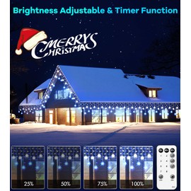 Icicle Outdoor Christmas Lights with Snowflake, 10.7M/35Ft 240LED Connectable Icicle Lights Waterproof,8 Modes&3 Timer&4 Brightness Levels with Remote for Eaves, Window,Festival Decor (Blue White)
