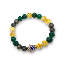 POSHIO Money Magnet Bracelet Pyrite, Citrine and Green Aventurine with Evil Eye And The WealthShield Bracelet Raw Pyrite, Tiger Eye, and Black Obsidian | Natural Crystals For Men & Women, Bead size 8mm (Style 2)