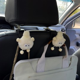 MaPctSy Dust Bunny Car Hooks for Purses and Bags, Cute Car Interior Holder Decoration Car Seat Back Hooks and Keyring 3pcs (White(2pcs Hooks+1pc Keyring))