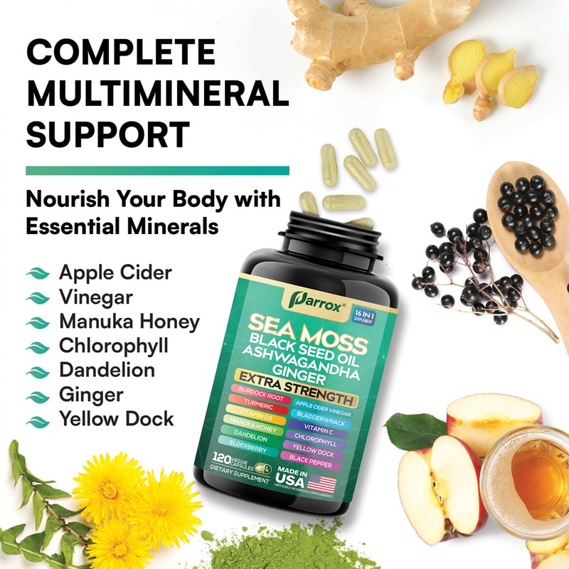 Parrox Sea Moss, Black Seed Oil, Ashwagandha, Turmeric, Chlorophyll, Dandelion,