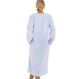 Camille Women's Super Soft Fleece Housecoat - Diamond Print Zip Up Bathrobe - Long Sleeved and Side Pockets for Ultimate Comfort & Warmth Blue 10-12