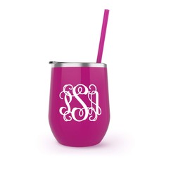 Pink Stemless Wine Steel Tumbler with Scroll Monogram