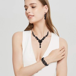 Ever Faith Rhinestone Crystal Bridal Party Art Deco Floral Wave Teardrop Necklace Earrings Bracelet Jewelry Set Black Silver-Tone