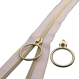 Leekayer #5 Gold Metallic Nylon Coil Zippers by The Yard Bulk 10 Yards Beige Zipper Tape with 25pcs Gold Ring Pull Sliders for DIY Sewing Tailor Craft Bag(Beige)