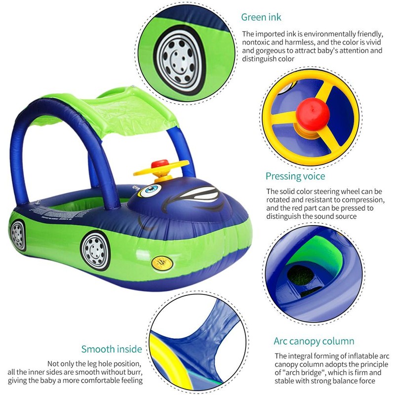 Baby Inflatable Pool Float with Canopy Thick PVC Car Shaped