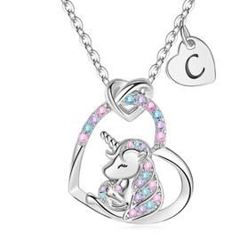 Aueoero Gifts for Girls Kids, Initial Unicorns Necklace for Girl Teens Initial Heart Pendant, Girls' Birthday, Christmas Gift (C, Silver)