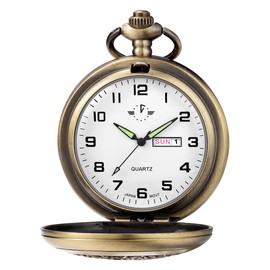 BOSHIYA Hollow Carved Quartz Pocket Watch with Chain Arabic Digital Luminous Dial & Day Date Pocket Watches for Men Christmas Graduation Birthday Gifts, Hollow Carved-Bronze