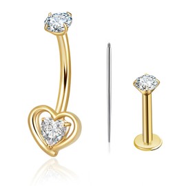Hypoallergenic G23 Titanium Gold/Silver Belly Button Rings for Women , 16G pregnancy belly rings Perfect for New Piercings, Sensitive Skin, Healing Navels & 24/7 Sleep Wear (Golden heart-shaped CZ belly button stud, 16G)