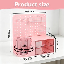 ZZFENGKR Desk Organizer with 360° Rotating Pen Holder, 5 Slots, 2 Drawers & Pegboard for Office School Art Supplies (Pink)