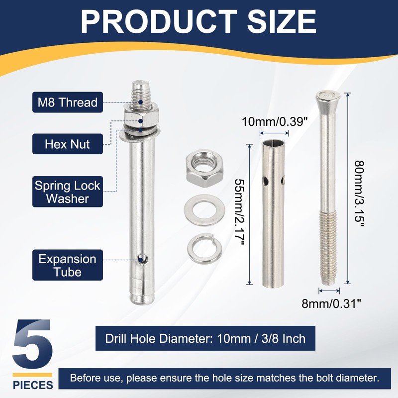 PATIKIL M8 x 80mm 304 Stainless Steel Expansion Bolts, 5
