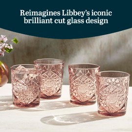 Libbey Hobstar Double Old Fashioned Glasses,Rose Colored Cut Glass Drinking Glasses Set of 4, Durable, Vintage Whiskey Glasses for Cocktail, Drinks