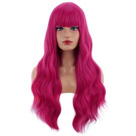 Hot Pink Long Curly Wavy Wig with Bangs