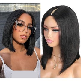 V Part Wig Human Hair Straight Bob Wig Human Hair V Part Wig Straight Wigs Human Hair 150% Density V Shape Wigs Glueless Full Head Clip In Half Wig 12INCH