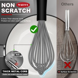 Walfos Whisk, Silicone Whisks Set of 5, Mini Stainless Steel Whisk 7in+5in and Non Scratch Coated 7+9+11in Whisks, Suitable for Blending, Whisking, Beating, Frothing & Stirring. (Grey)