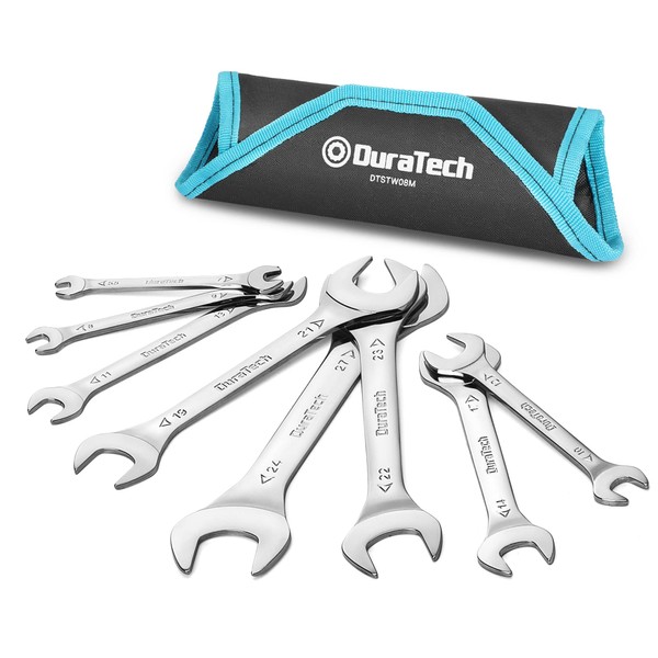 DURATECH Double Open End Spanner Set, Super-Thin Open Ended Wrench Flat Spanner Set for Narrow Space, Carbon Steel, Mirror-Chrome Plated, 8-Piece, Metric, 5.5 mm-27 mm, with Carry Pouch