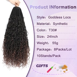 FANWYFYU 8 Packs Boho Faux Locs Crochet Hair 24 inch Goddess Locs Boho Soft Locs Crochet Hair with Curly Ends Pre-looped Long Bohemian River Locs Crochet Hair For Women (T30#)