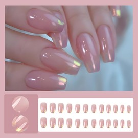 24 Pcs Spring Press on Nails Short Ballerina Square - YEFIUO Pink Aurora French Fake Nails Press ons Cute Glossy Nail Tips Art Full Cover Acrylic False Nails Glue on Nails Stick on Nails Kit for Women