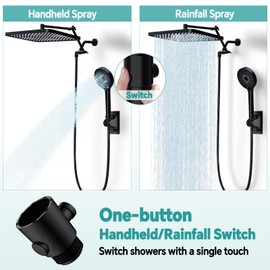 13" Rainfall Shower Head with Handheld Spray Combo, Dual Waterfall Showerhead Button Switch by Handheld, 3-Modes Spray, Adjustable Extension Arm, 71 Inches Stainless Steel Hose(Matte Black)