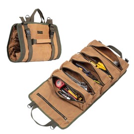Wrench Tool Roll Bag, Heavy Duty Waxed Canvas Multi-Purpose Tool Organize Bag with 6 Zipper Pockets (Khaki)