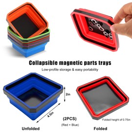 Yourkar, 2 PCS Collapsible Magnetic Parts Tray, 4.5 Inch Foldable Magnetic Square Silicone Tray, Tool Tray Set with Double-Sided Magnetic Base for Screw Bolts Nuts Pins, Car Accessories (Red+Blue)