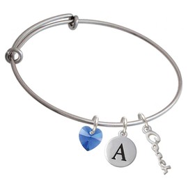 Delight Jewelry Silvertone Small Coach Script - Crystal Heart and Pebble Initial Custom Charm Bangle Bracelet