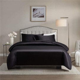 Gnomvaie Satin Bed Linen Set 135 x 200 cm, Black Plain 2-Piece Silk Luxury Comfortable Duvet Cover with Zip and Pillowcase 80 x 80 cm