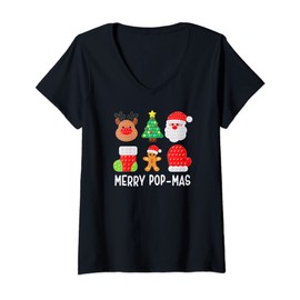 Womens Merry Pop-Mas Christmas Pop Fidget Toy Funny V-Neck T-Shirt
