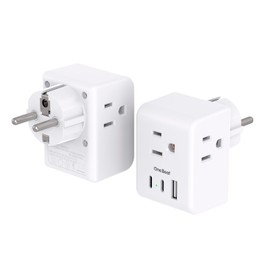2 Pack Germany France Travel Plug Adapter with 3 Outlets 1 USBA 2 USB C, One Beat Type E/F International Power Adapter, Travel Essentials US to Europe France Germany South Korea Netherlands