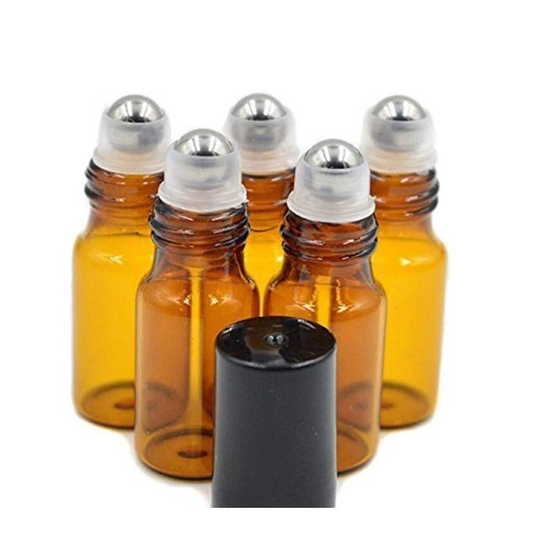12 x 3 ml nachfüllbare bernsteinfarbene Glasflaschen mit Kugeln und schwarzen Kappen für ätherisches Öl, leere Aromatherapie-Parfümflaschen