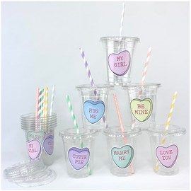 Pastel Conversation Heart Plastic Cups, 12 oz, Set of 12 with Lids and Straws