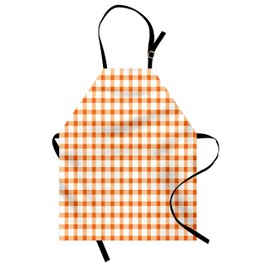 Ambesonne Orange and White Apron, Retro Gingham Style Checkered Squares Pattern in Warm Colors Plaid, Unisex Kitchen Bib with Adjustable Neck for Cooking Gardening, Adult Size, White Orange