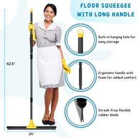 Floor Squeegee for Concrete and Tile Cleaning, 24'' Rubber Wiper Broom, Large Heavy Duty Water Scraper with 60'' Long Handle for Garage, Deck, Bathroom, Shower Glass, Window