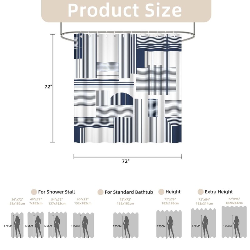 Yeele Navy Blue Geometric Line Art Shower Curtain, Modern Abstract