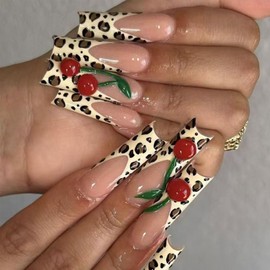 IMRAIN Press on Nails Long Square Fake Nails Yellow Leopard Print French Nails Tips Full Cover Extra Long Acrylic Nail Supplies Glossy Glue on Nails Acrylic False Nails for Women DIY Nail Art