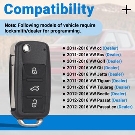 Key Fob Remote Compatible with 2011-2016 VW Volkswagen Tiguan Touareg Jetta Beetle CC Eos Golf GTI Passat Car Key Replacement (NBG010180T) Flip Keyless Entry Remote, 2 Pack