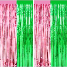 Pink and Green Party Decorations, Wicke Birthday Decorations, Tinsel Foil Fringe Curtains Backdrop Witch Theme Decorations (2 Pack)
