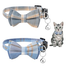 2 PCS Bow Tie Cat Collar with Bells Cat Collar Breakaway Cute Bowtie Plaid Cat Collar with Cat Buckle Soft Adjustable Kitten Accessories for Indoor Cats Puppy and Small Pets Blue and White Plaid