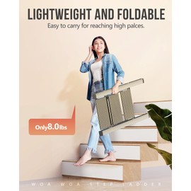 WOA WOA 3 Step Ladder, Foldable Step Stool, Aluminum Lightweight Ladder for Home Kitchen Closet, Anti-Slip Pedals, Ease of Folding, Portable, 300lbs Capacity - Gold