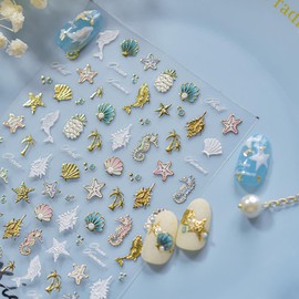 Laser Summer Nail Stickers Gold Starfish Pineapple Nail Art Stickers 3D Self-Adhesive White Dolphin Nail Designs 5D Embossed Ocean Pink Shell Nails Supplies for Women DIY 1 Sheet