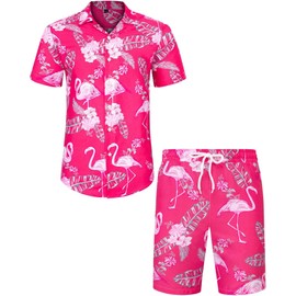 J.VER Mens Pink Beach Hawaiian Shirt and Shorts Set Regular Fit Funky Flamingo Holiday Shirt and Shorts Set Flower Button Down Summer Floral Party 3XL