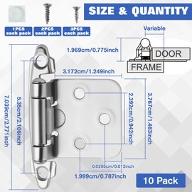 LEONTOOL 10 Pack(5Pairs) Cabinet Hinges Brushed Nickel for Flush Mount Kitchen Cabinets Doors, Self Closing Hinge with Door Bumper, 1/2" Overlay (Variable) Face Frame Semi-Concealed Cupboard Hinges