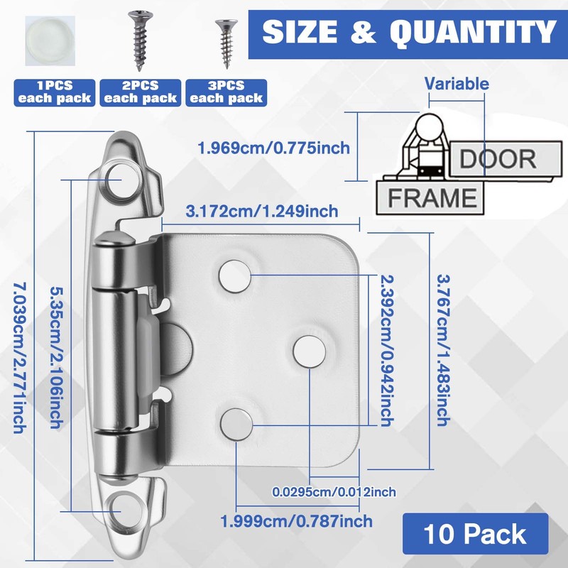 LEONTOOL 10 Pack(5Pairs) Cabinet Hinges Brushed Nickel for Flush Mount