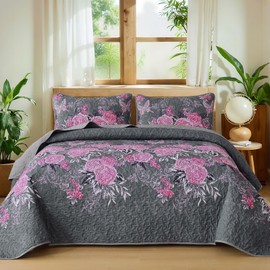 Yiran Pink Grey Floral Quilt Set King Size 3 Pieces Rose Botanical Bedspreads Bedding Set Lightweight Flowers Printed Coverlet with 2 Pillow Shams for All Season 104x90 Inch